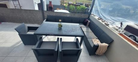 Zestaw dla 11 osób z narożnikiem Nedler VIII, trzema fotelami i stołem obiadowym - grafit