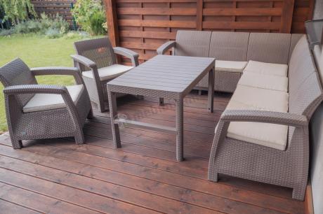 Zestaw dla 8 osób z narożnikiem, stołem podnoszonym i dwoma fotelami Relly VI capuccino