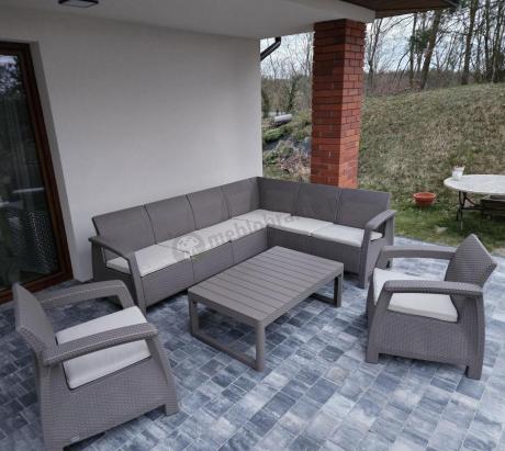 Zestaw dla 8 osób z narożnikiem, stołem podnoszonym i dwoma fotelami Relly VI capuccino