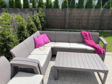 Zestaw dla 8 osób z narożnikiem, stołem podnoszonym i dwoma fotelami Relly VI capuccino