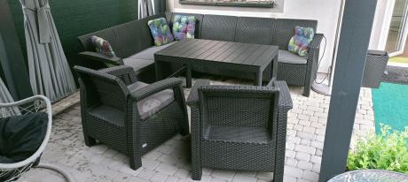 Zestaw dla 8 osób z narożnikiem, stołem podnoszonym i dwoma fotelami Relly VI grafit