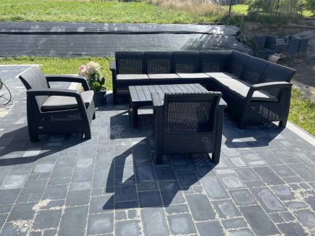 Zestaw dla 8 osób z narożnikiem, stołem podnoszonym i dwoma fotelami Relly VI grafit