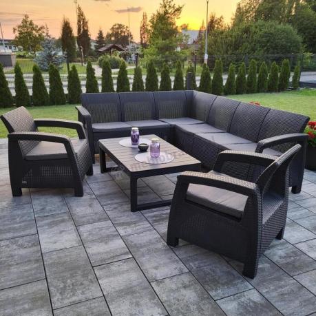 Zestaw dla 8 osób z narożnikiem, stołem podnoszonym i dwoma fotelami Relly VI grafit