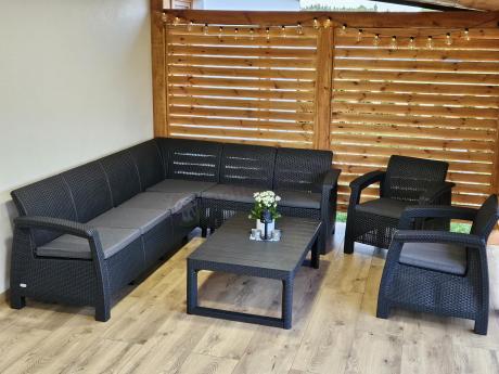 Zestaw dla 8 osób z narożnikiem, stołem podnoszonym i dwoma fotelami Relly VI grafit