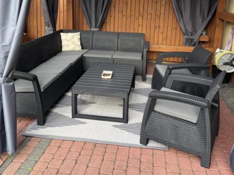 Zestaw dla 8 osób z narożnikiem, stołem podnoszonym i dwoma fotelami Relly VI grafit