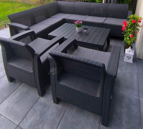 Zestaw dla 8 osób z narożnikiem, stołem podnoszonym i dwoma fotelami Relly VI grafit