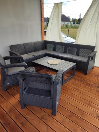 Zestaw dla 8 osób z narożnikiem, stołem podnoszonym i dwoma fotelami Relly VI grafit