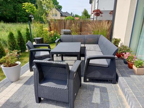 Zestaw dla 8 osób z narożnikiem, stołem podnoszonym i dwoma fotelami Relly VI grafit