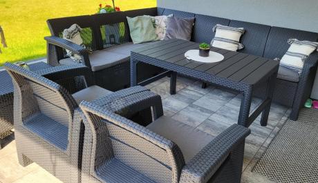 Zestaw dla 8 osób z narożnikiem, stołem podnoszonym i dwoma fotelami Relly VI grafit