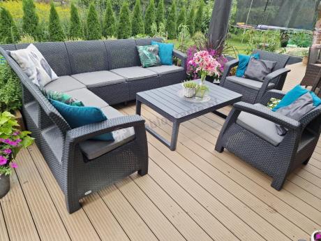 Zestaw dla 8 osób z narożnikiem, stołem podnoszonym i dwoma fotelami Relly VI grafit