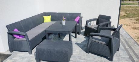 Zestaw dla 8 osób z narożnikiem, stołem podnoszonym i dwoma fotelami Relly VI grafit