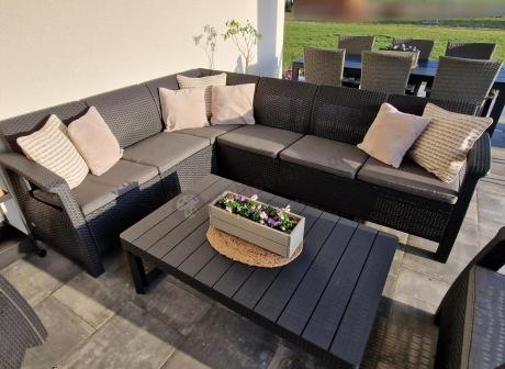 Zestaw dla 8 osób z narożnikiem, stołem podnoszonym i dwoma fotelami Relly VI grafit