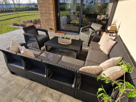 Zestaw dla 8 osób z narożnikiem, stołem podnoszonym i dwoma fotelami Relly VI grafit