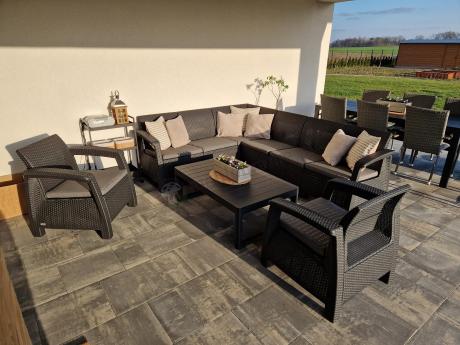 Zestaw dla 8 osób z narożnikiem, stołem podnoszonym i dwoma fotelami Relly VI grafit