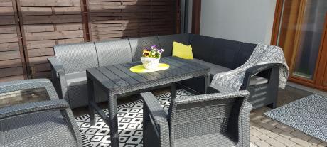 Zestaw dla 8 osób z narożnikiem, stołem podnoszonym i dwoma fotelami Relly VI grafit