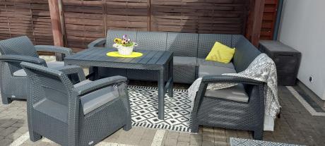 Zestaw dla 8 osób z narożnikiem, stołem podnoszonym i dwoma fotelami Relly VI grafit