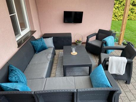 Zestaw dla 8 osób z narożnikiem, stołem podnoszonym i dwoma fotelami Relly VI grafit