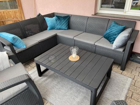 Zestaw dla 8 osób z narożnikiem, stołem podnoszonym i dwoma fotelami Relly VI grafit