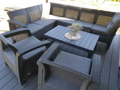 Zestaw dla 8 osób z narożnikiem, stołem podnoszonym i dwoma fotelami Relly VI grafit