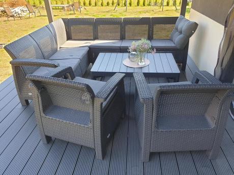 Zestaw dla 8 osób z narożnikiem, stołem podnoszonym i dwoma fotelami Relly VI grafit