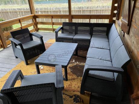 Zestaw dla 8 osób z narożnikiem, stołem podnoszonym i dwoma fotelami Relly VI grafit