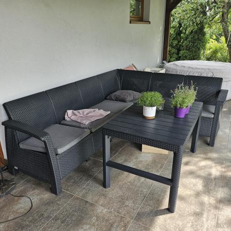 Zestaw dla 8 osób z narożnikiem, stołem podnoszonym i dwoma fotelami Relly VI grafit