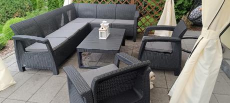 Zestaw dla 8 osób z narożnikiem, stołem podnoszonym i dwoma fotelami Relly VI grafit