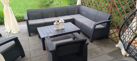 Zestaw dla 8 osób z narożnikiem, stołem podnoszonym i dwoma fotelami Relly VI grafit