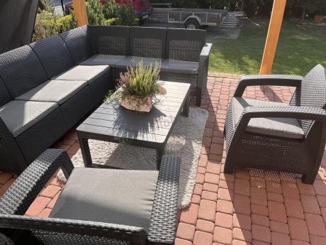 Zestaw dla 8 osób z narożnikiem, stołem podnoszonym i dwoma fotelami Relly VI grafit