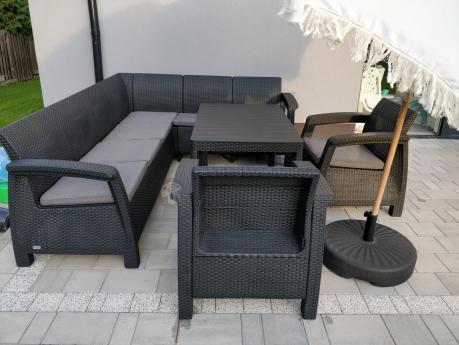 Zestaw dla 8 osób z narożnikiem, stołem podnoszonym i dwoma fotelami Relly VI grafit