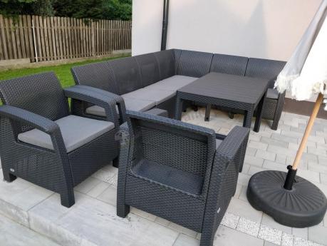 Zestaw dla 8 osób z narożnikiem, stołem podnoszonym i dwoma fotelami Relly VI grafit