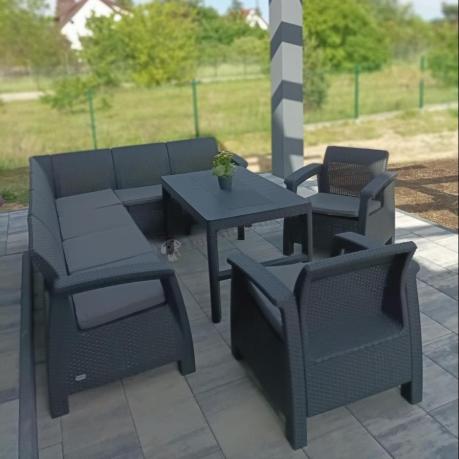 Zestaw dla 8 osób z narożnikiem, stołem podnoszonym i dwoma fotelami Relly VI grafit