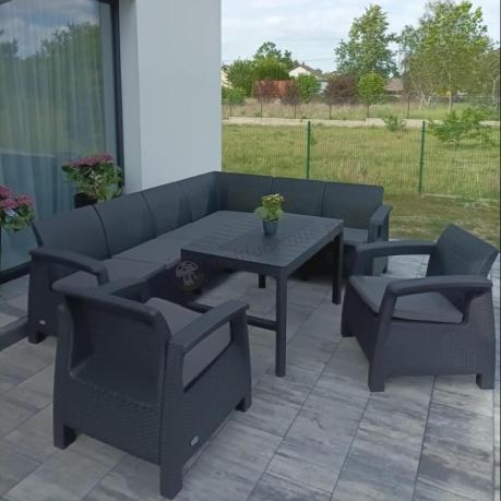 Zestaw dla 8 osób z narożnikiem, stołem podnoszonym i dwoma fotelami Relly VI grafit