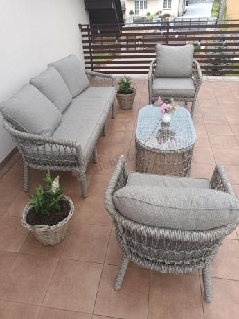 Zestaw mebli na taras w stylu rope - sofa 3 osobowa, fotele i stolik - Lirana - Cream