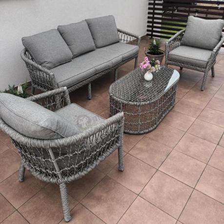 Zestaw mebli na taras w stylu rope - sofa 3 osobowa, fotele i stolik - Lirana - Cream