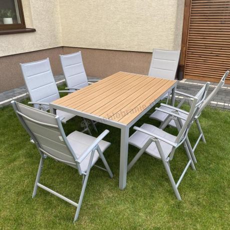Zestaw mebli na taras ze stołem obiadowym i składanymi krzesłami - Kanbery Wood Silver 6+1