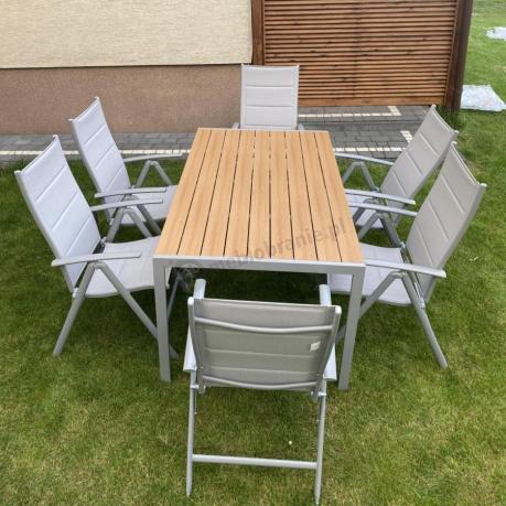 Zestaw mebli na taras ze stołem obiadowym i składanymi krzesłami - Kanbery Wood Silver 6+1