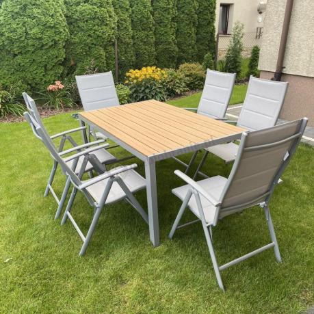 Zestaw mebli na taras ze stołem obiadowym i składanymi krzesłami - Kanbery Wood Silver 6+1