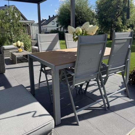 Zestaw mebli na taras ze stołem obiadowym i składanymi krzesłami - Kanbery Wood Silver 6+1