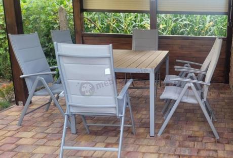 Zestaw mebli na taras ze stołem obiadowym i składanymi krzesłami - Kanbery Wood Silver 6+1