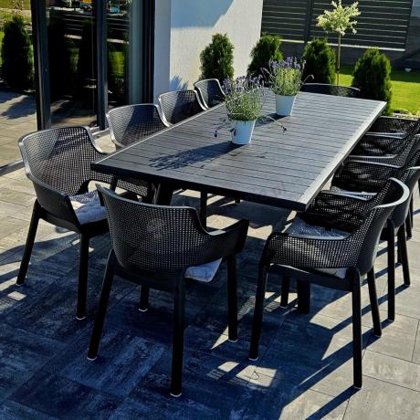 Zestaw mebli obiadowych dla 10 osób Kantara Modern z rozkładanym stołem 160-240 cm i 10 sztaplowanymi krzesłami