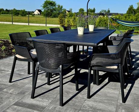 Zestaw mebli obiadowych dla 10 osób Kantara Modern z rozkładanym stołem 160-240 cm i 10 sztaplowanymi krzesłami