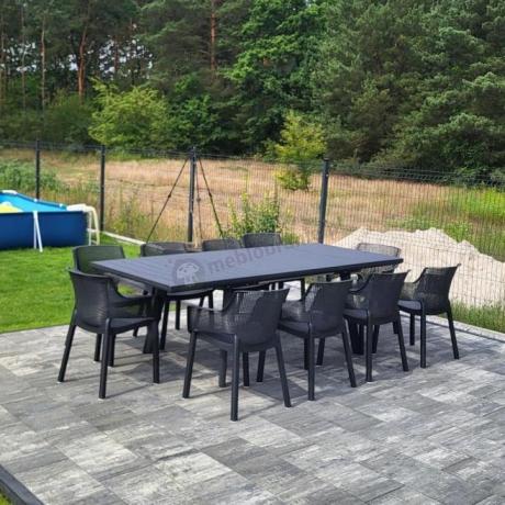 Zestaw mebli obiadowych dla 10 osób Kantara Modern z rozkładanym stołem 160-240 cm i 10 sztaplowanymi krzesłami