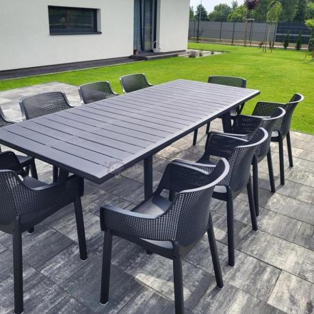 Zestaw mebli obiadowych dla 10 osób Kantara Modern z rozkładanym stołem 160-240 cm i 10 sztaplowanymi krzesłami