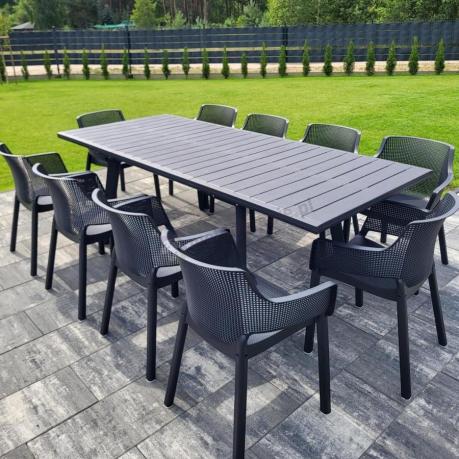 Zestaw mebli obiadowych dla 10 osób Kantara Modern z rozkładanym stołem 160-240 cm i 10 sztaplowanymi krzesłami