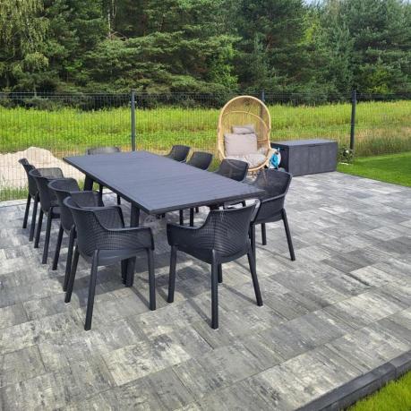 Zestaw mebli obiadowych dla 10 osób Kantara Modern z rozkładanym stołem 160-240 cm i 10 sztaplowanymi krzesłami