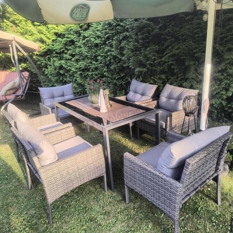 Zestaw mebli obiadowych na taras - stół 140cm + 6 foteli technorattanowych