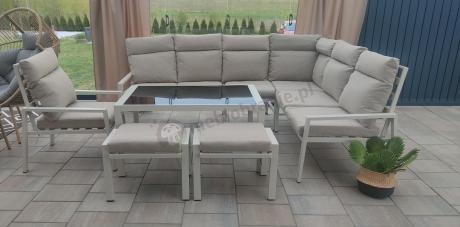 Zestaw mebli ogrodowych z narożnikiem modułowym, fotelem i pufami - Doros Corner XL - Cream