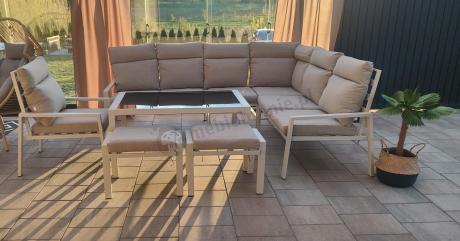 Zestaw mebli ogrodowych z narożnikiem modułowym, fotelem i pufami - Doros Corner XL - Cream