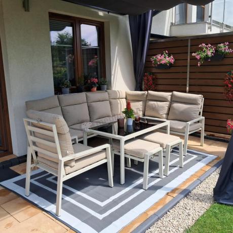 Zestaw mebli ogrodowych z narożnikiem modułowym, fotelem i pufami - Doros Corner XL - Cream
